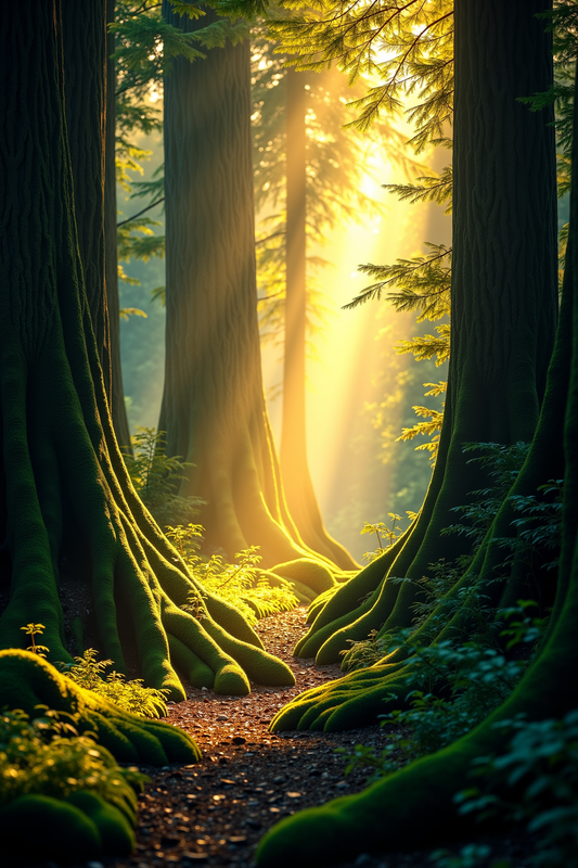 Golden Sunlight Filtering Through Mossy Forest Giants