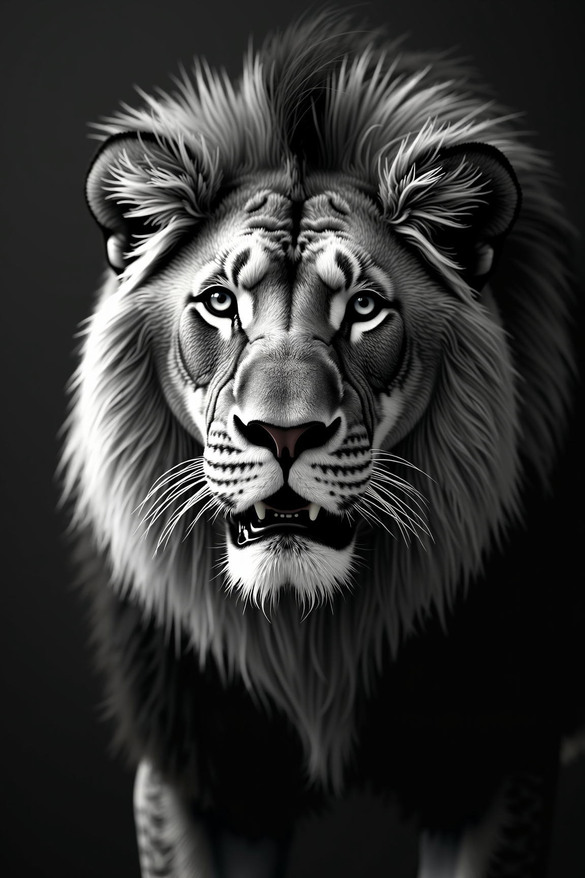 Majestic Black & White Lion Portrait with Intense Gaze