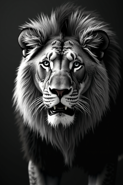Majestic Black & White Lion Portrait with Intense Gaze