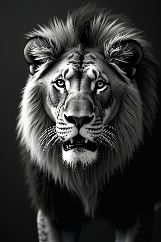 Majestic Black & White Lion Portrait with Intense Gaze