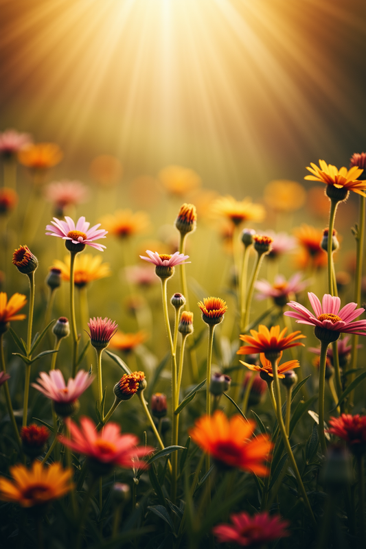 Sunlit Field of Vibrant Flowers with Soft Light Rays