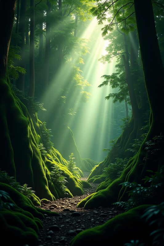 Sunlit Mossy Forest Path with Magical Light Rays