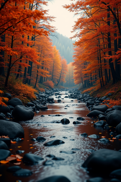 Serene Autumn River Flowing Through Vibrant Orange Forest
