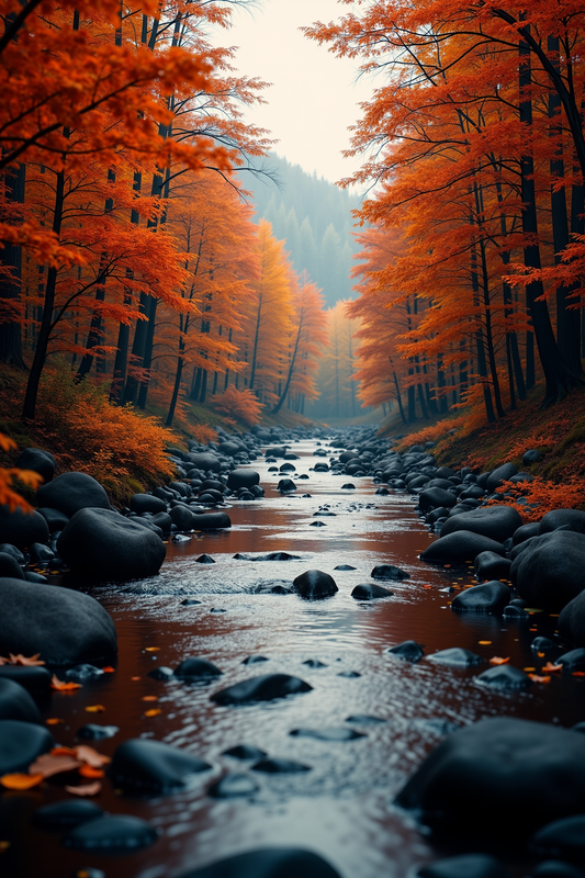 Serene Autumn River Flowing Through Vibrant Orange Forest