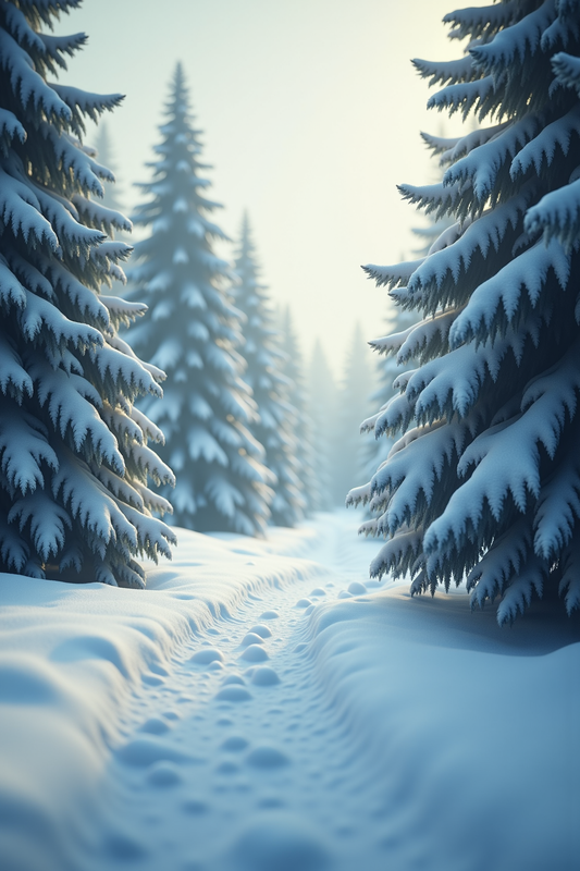 Sunlit Winter Trail Through Snow-Covered Pine Forest