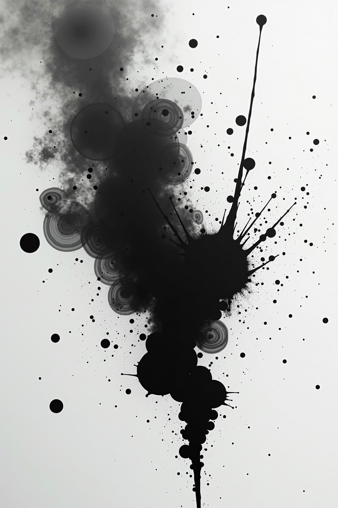 Monochrome Ink Splatters and Smoky Circles Abstract Art