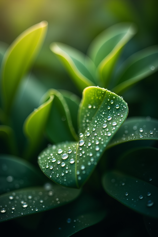 Detailed Macro View of Fresh Green Leaves with Dew Drops
