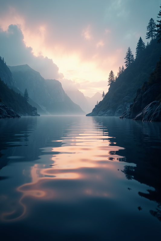 Tranquil Sunset Reflection over Mountain Lake Landscape