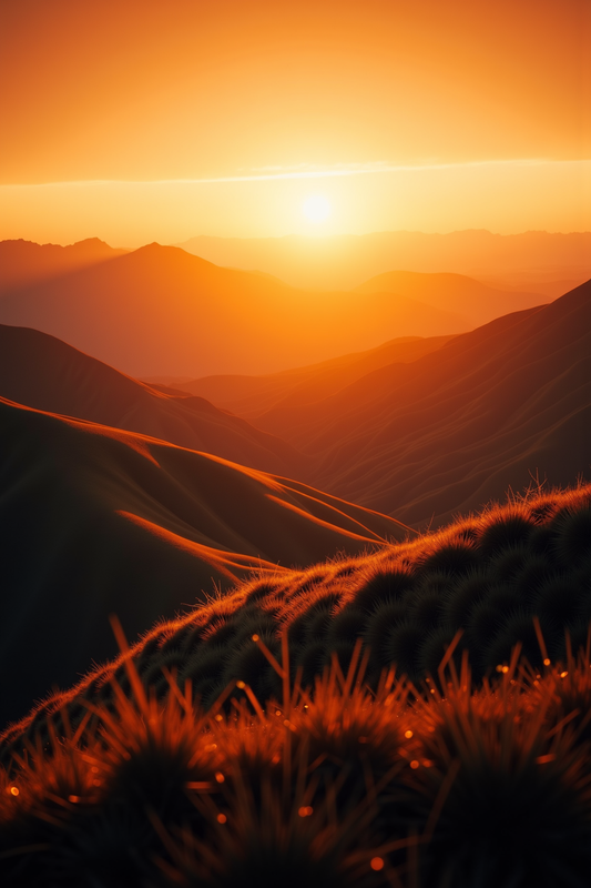 Golden Sunset over Rolling Hills with Luminous Grass Close-Up